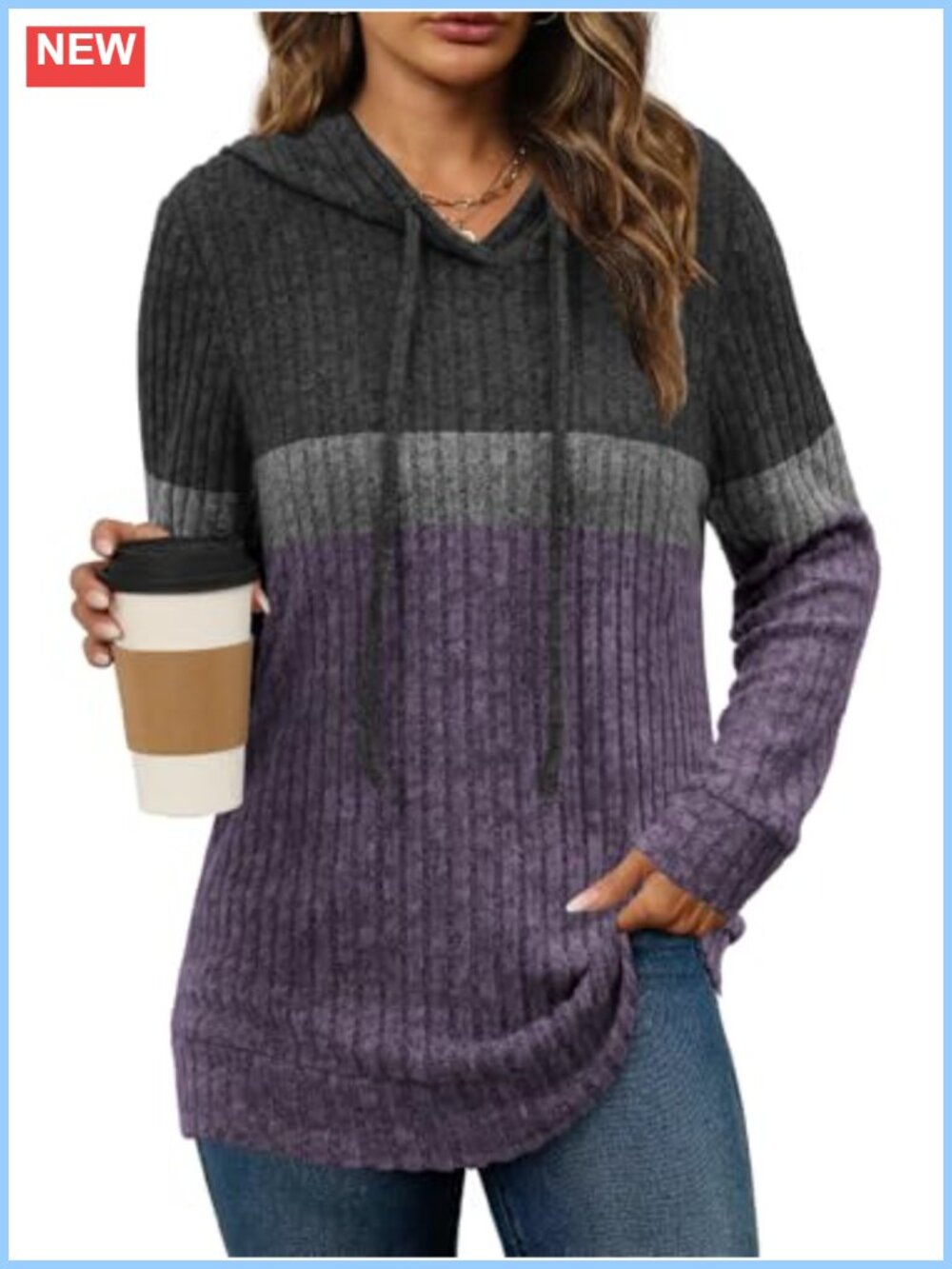 Women's Ribbed Hoodie Sweatshirt Long Sleeve Pullover Tunic Top